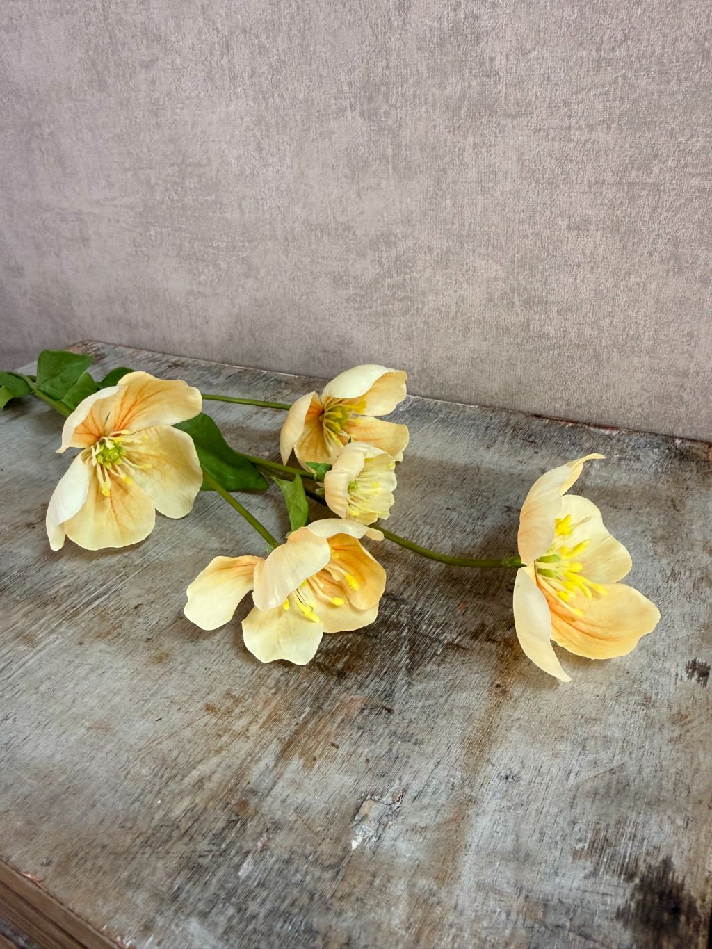 Kunstbloem Melastoma met zachte gele bloemen en groene bladeren tegen een neutrale achtergrond.