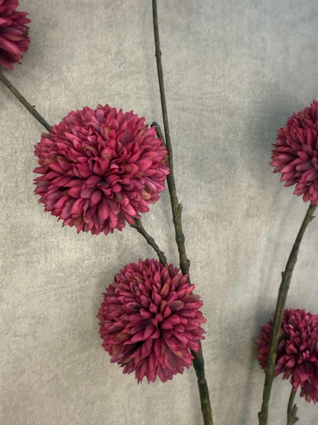 Kunsttak met bordeauxrode pompom-bloemen op donkere steel, geschikt voor vaasdecoratie in een warm interieur.