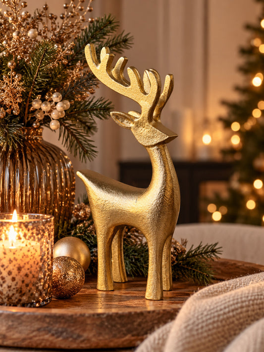 Gouden metalen rendier van 22 cm hoog als stijlvolle kerstdecoratie.