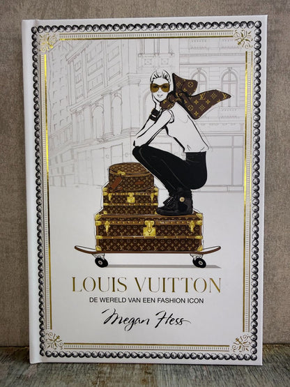 Wit tafelboek over Louis Vuitton met illustratie van een vrouw op koffers en gouden details op de omslag.