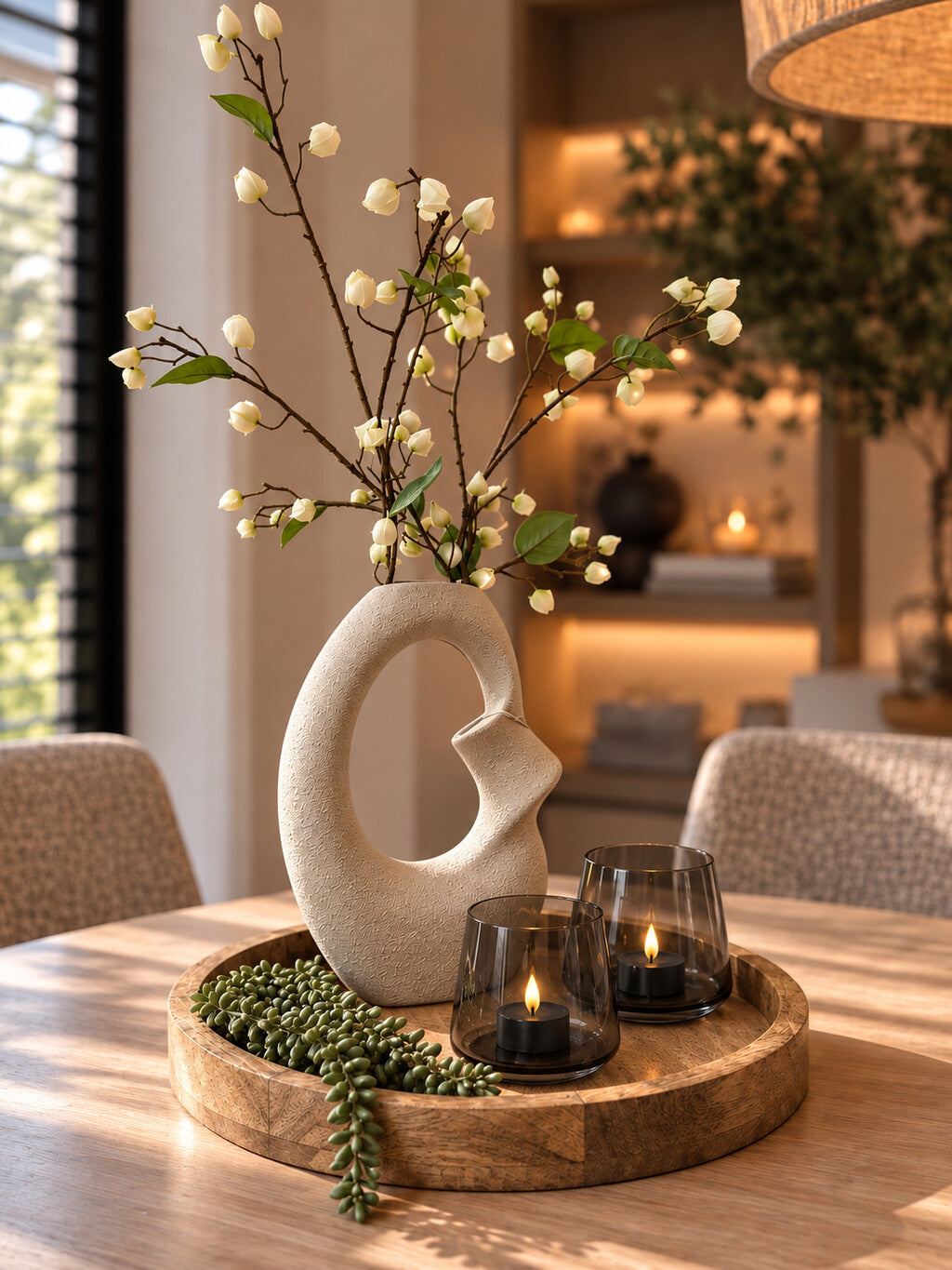 Tafel decoratie set Amara met houten dienblad, beige vaas, kunsttakken, groen en zwarte LED-waxinelichthouders.