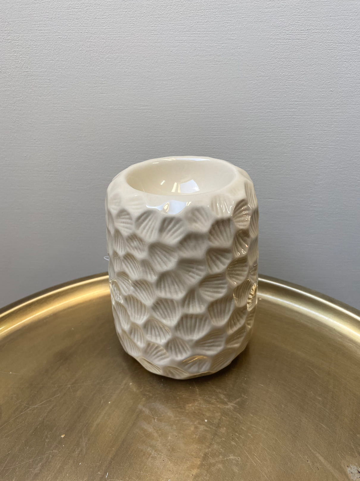 Geubrander, aardewerk, honeycomb, beige, amberblokjes